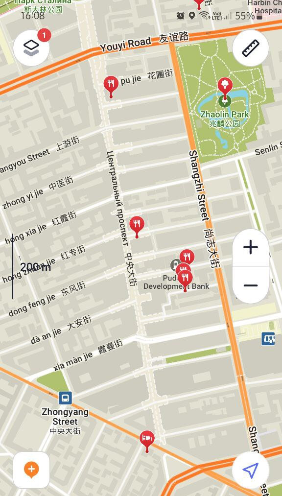 Карта Maps.me для навигации по Харбину