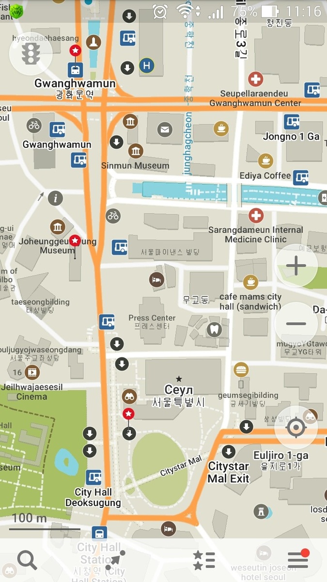 Скриншот карты Maps.Me с достопримечательностями Сеула